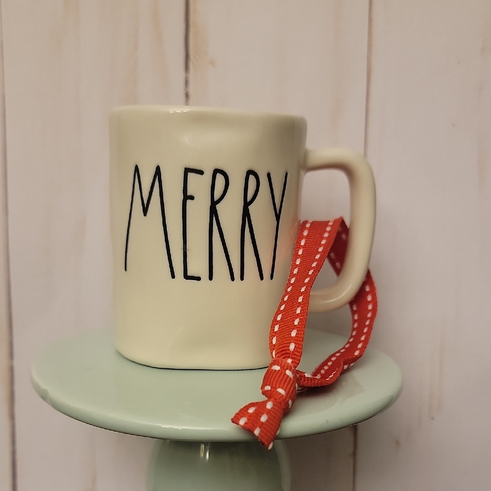 Rae Dunn "Merry" Ceramic Tiny Mug with Red Ribbon